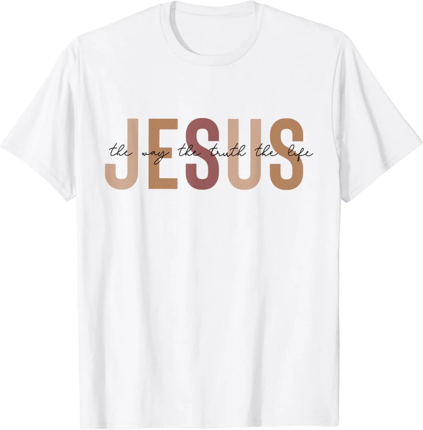 White t-shirt with 'Jesus the way the truth the life' text in brown and red on a white background