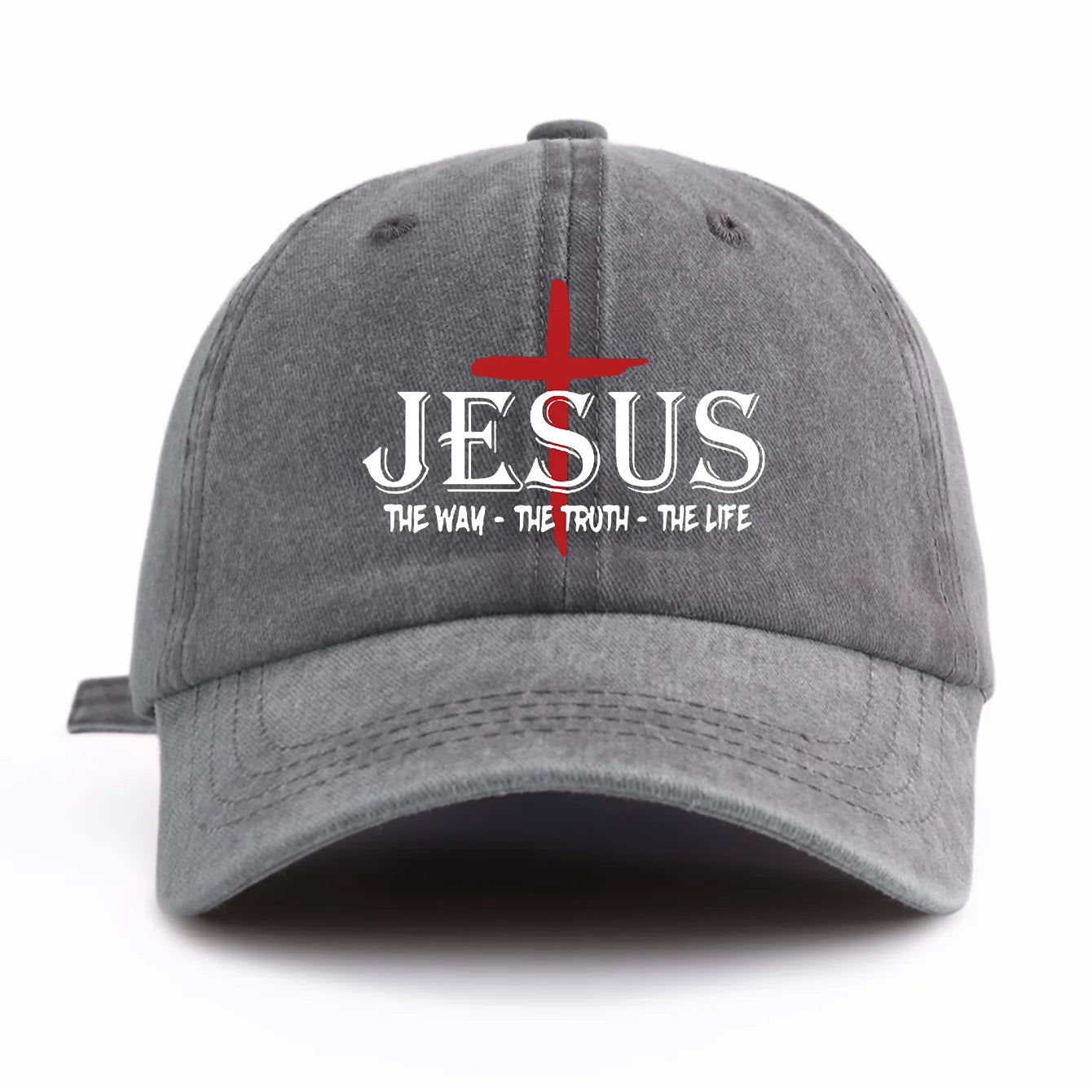 Gray cap with 'Jesus The Way The Truth The Life' text and cross on a white background