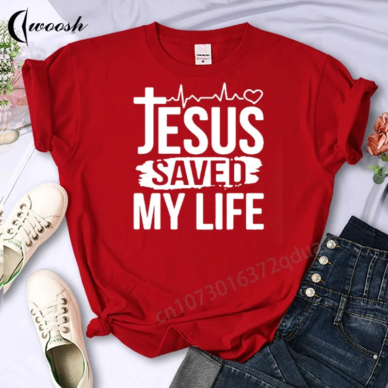 Red t-shirt with 'Jesus Saved My Life' text on a white background