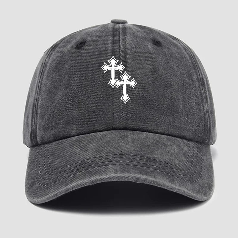 Gray cap with two white cross designs on a light gray background