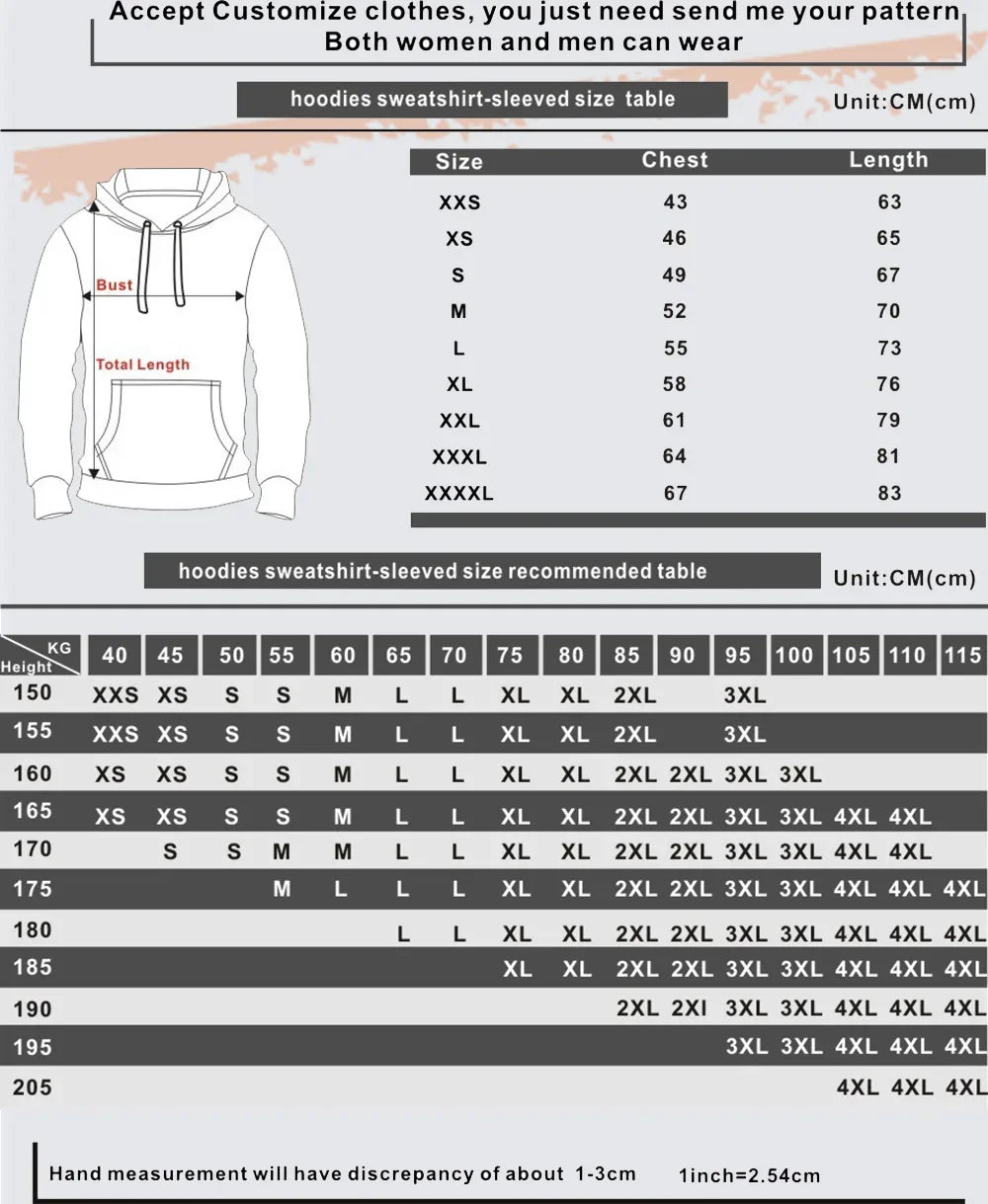 Hoodie size chart with measurements for chest and length on a black background