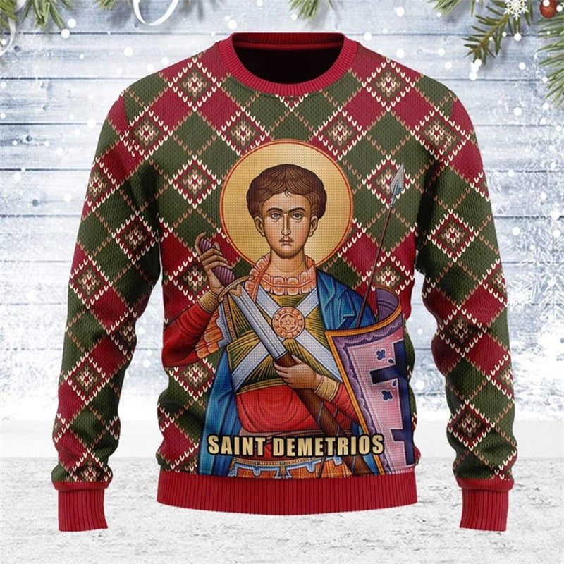 Sweater with Saint Demetrios design on a wooden background
