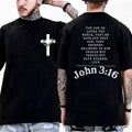 Two people wearing black t-shirts with a cross and Bible verse on a white background
