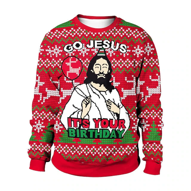 Red sweater with Christmas pattern featuring a graphic of Jesus and text 'Go Jesus, it's your birthday' on a white background.