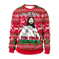 Red sweater with Christmas pattern featuring a graphic of Jesus and text 'Go Jesus, it's your birthday' on a white background.