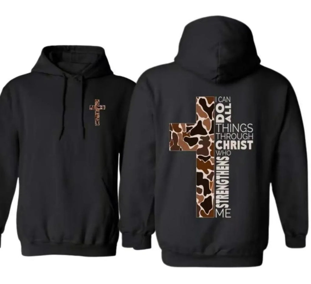 Black hoodie with a cross design on the front and motivational quote on the back, on a white background.