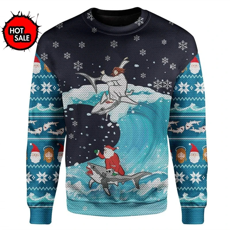 Ugly Christmas sweater with a mermaid and Santa Claus design, featuring snowflakes and wave patterns.
