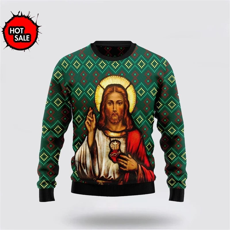 Ugly Christmas sweater with a religious design on a white background