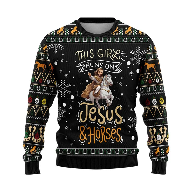 Ugly Christmas sweater with Jesus and horses design on a black background