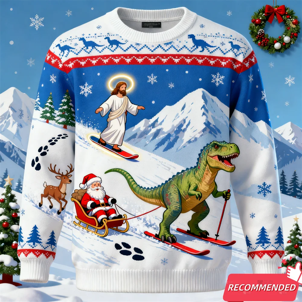 Ugly Christmas sweater with Jesus, Santa, and dinosaur on skis against a snowy mountain background.