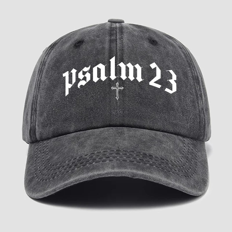 Gray cap with 'psalm 23' text and cross symbol on a light gray background
