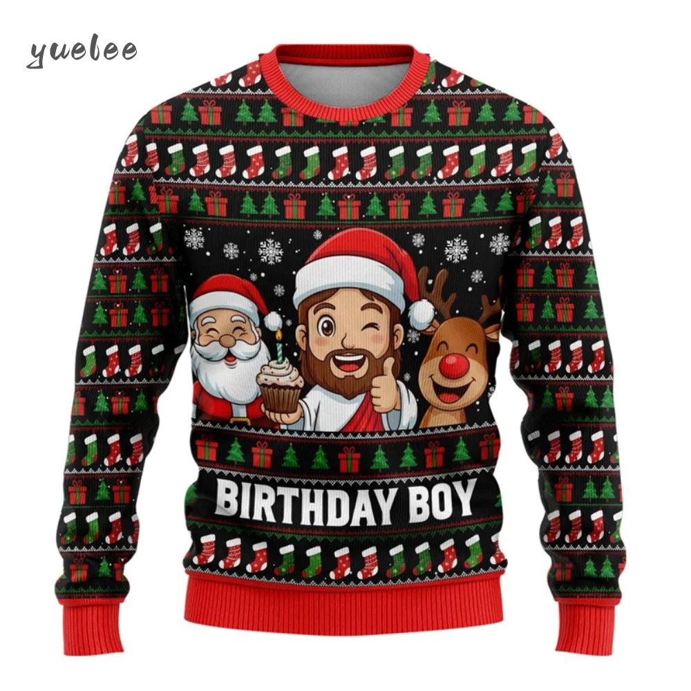Christmas-themed sweater with cartoon characters and 'Birthday Boy' text on a white background