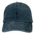 Blue denim cap with a black cross design on a white background