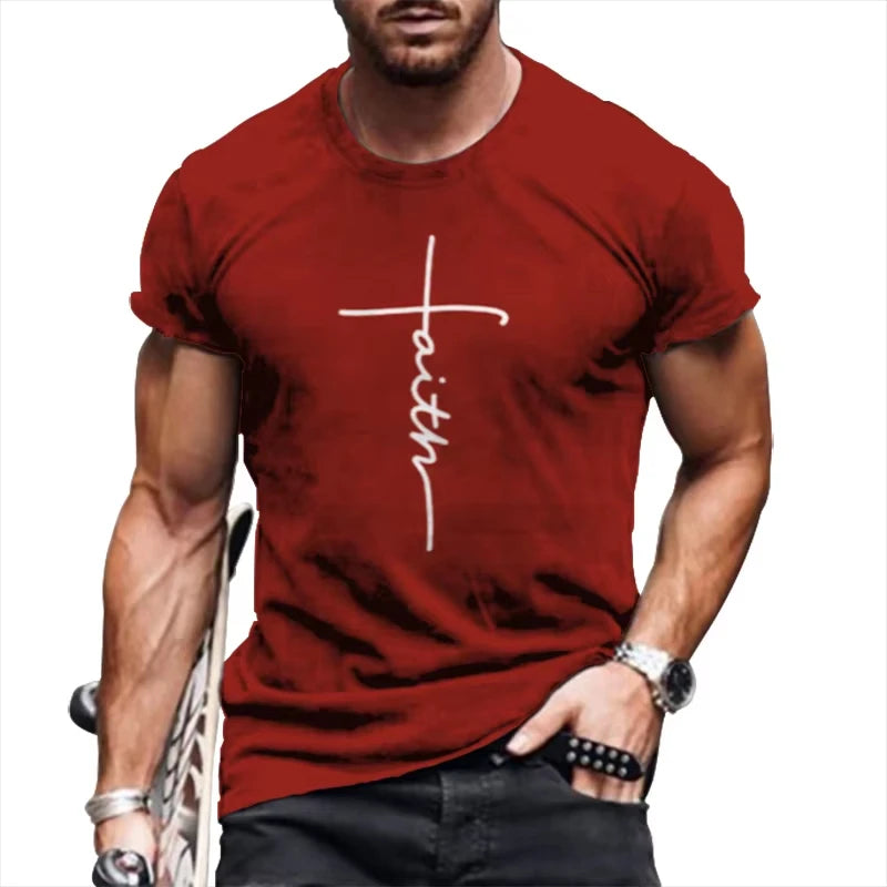 Man wearing a red t-shirt with 'faith' printed on it against a white background