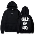 Black hoodie with a white cross on the front and 'Child of God' text on the back, shown from front and back views.