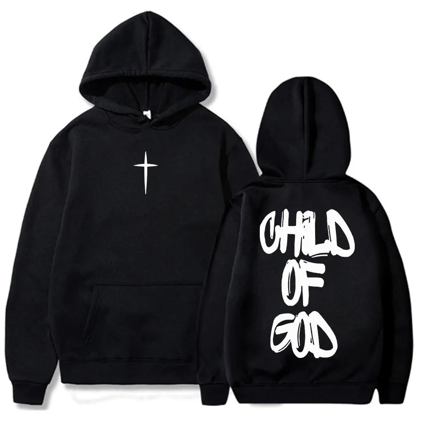 Black hoodie with a white cross on the front and 'Child of God' text on the back, shown from front and back views.