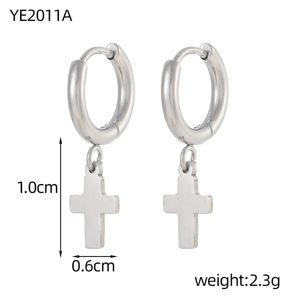 Silver hoop earrings with cross pendants, showing measurements and weight on a white background.