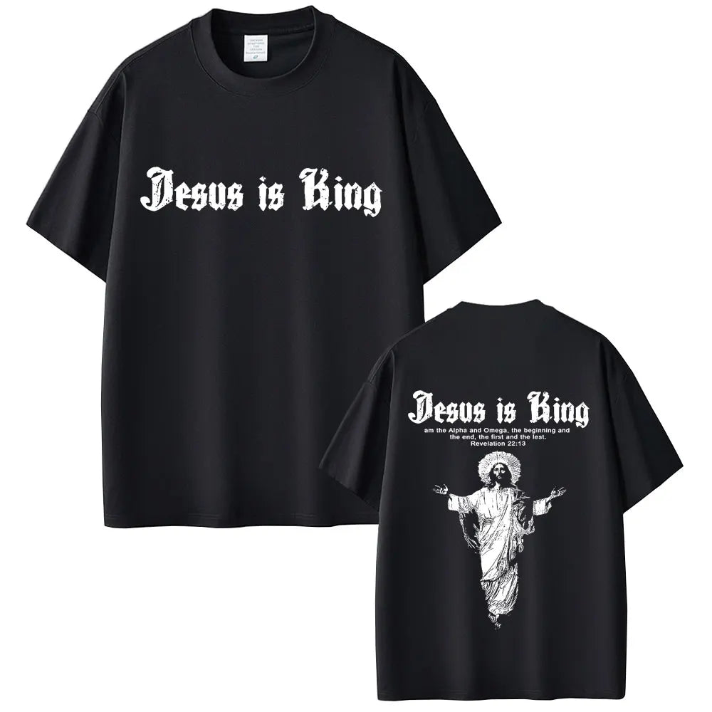 Black t-shirt with 'Jesus is King' text on front and back, featuring an image of Jesus.