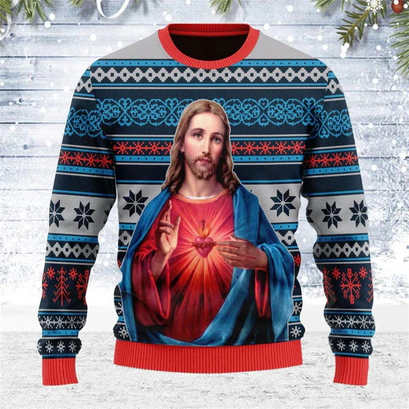 Ugly Christmas sweater with a religious design on a wooden background