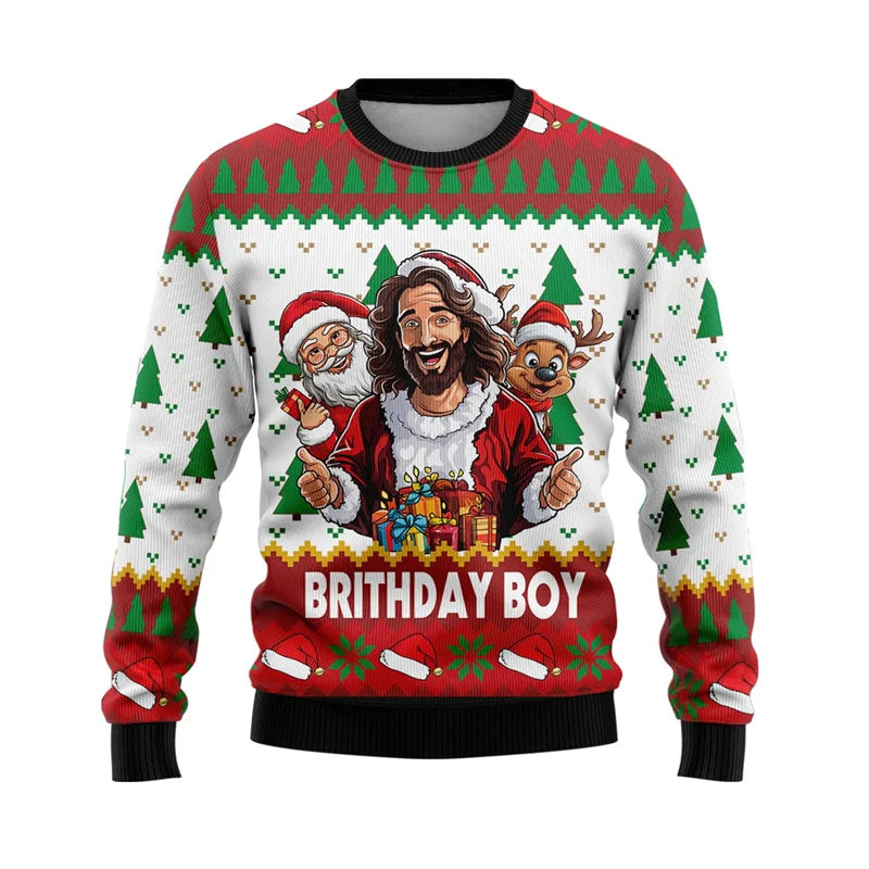 Christmas-themed sweater with cartoon of Jesus and 'Birthday Boy' text on a white background