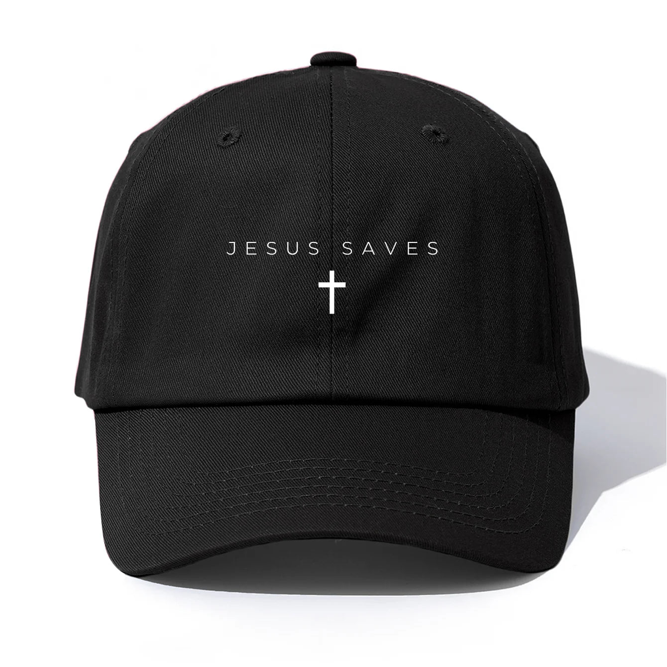 Black cap with 'Jesus Saves' text and cross symbol on a white background