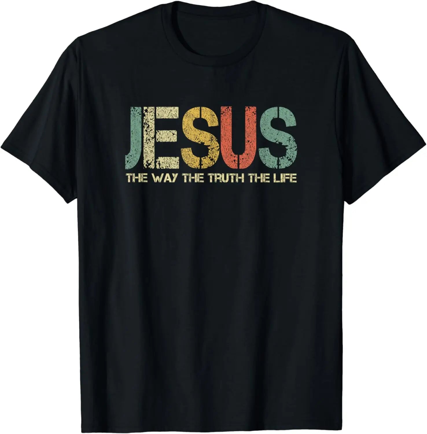 Black t-shirt with colorful 'JESUS' text design on a white background