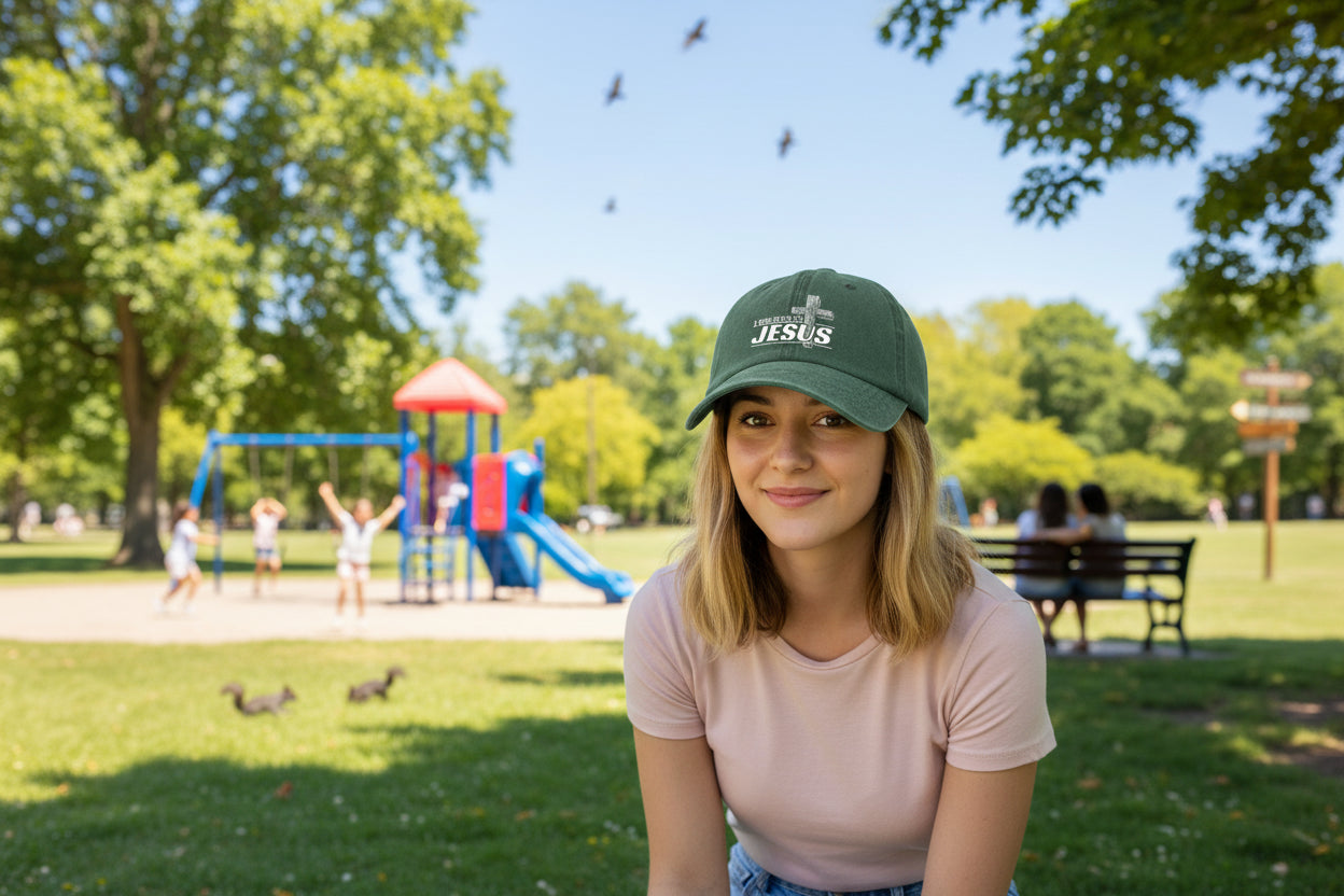 Green cap with 'I Believe in Jesus' text and cross design on a white background
