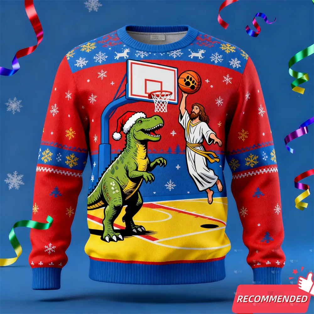 Red Christmas sweater with a dinosaur and basketball player design on a blue background.