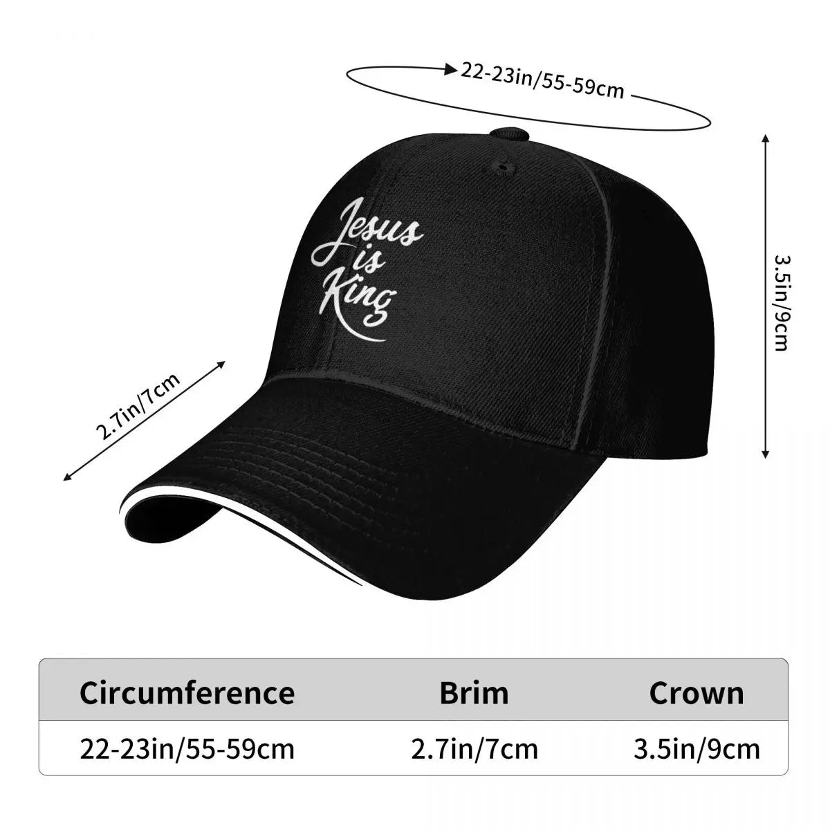 Black baseball cap with measurements on a white background