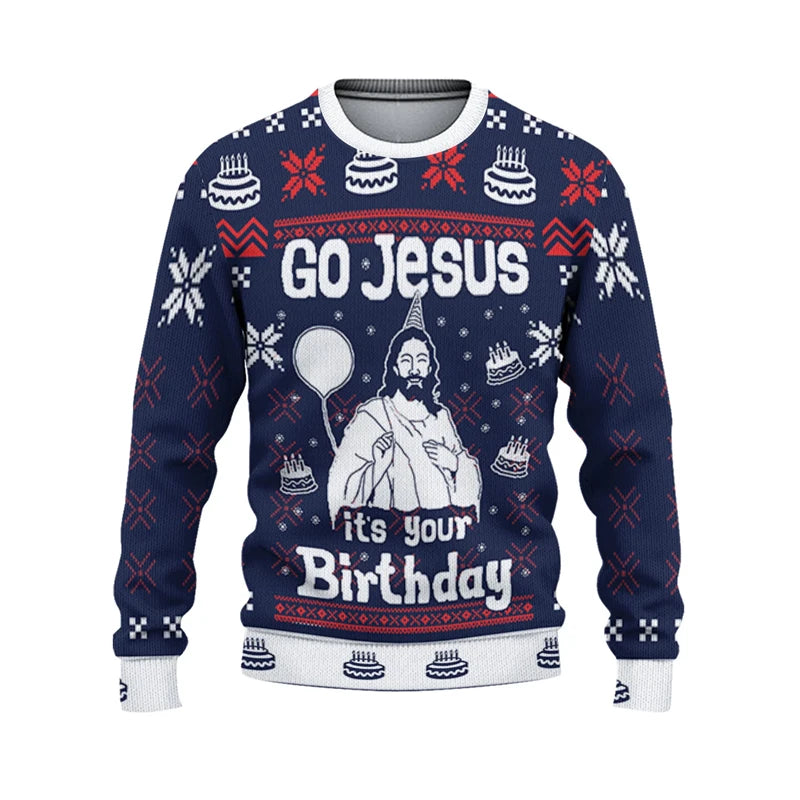 Ugly Christmas sweater with 'Go Jesus it's your Birthday' text and graphic of a cartoon Jesus.