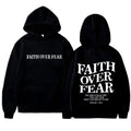 Black hoodie with 'Faith Over Fear' text on front and back