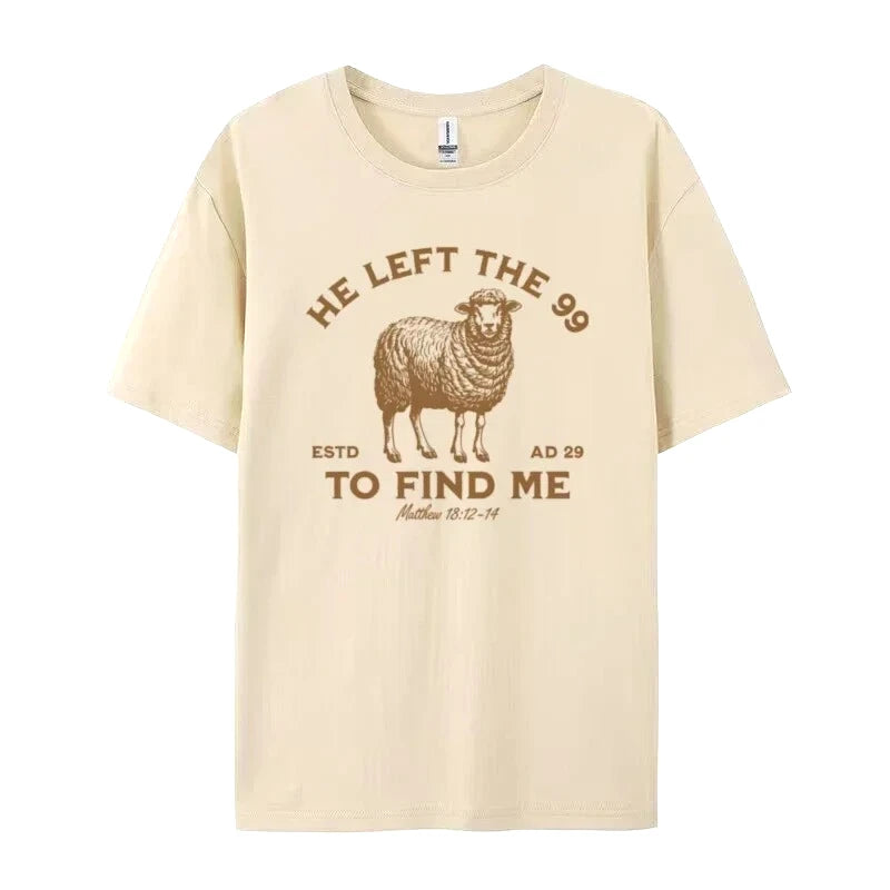 Beige t-shirt with a sheep graphic and text on a white background