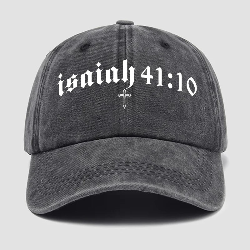 Gray cap with 'isaiah 41:10' text and cross on a light gray background