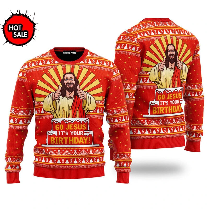 Red sweater with Jesus graphic and 'Go Jesus, It's Your Birthday!' text on a white background.