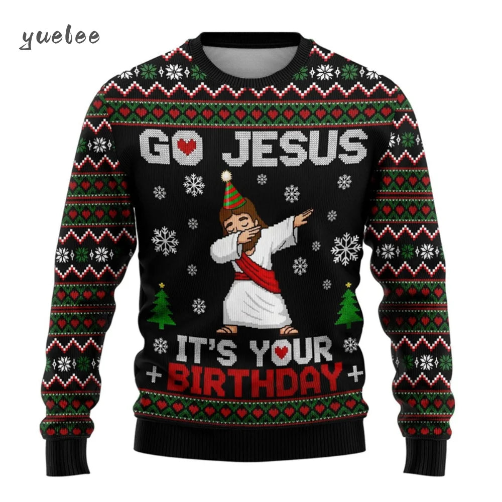 Ugly Christmas sweater with 'Go Jesus, It's Your Birthday' design on a black background