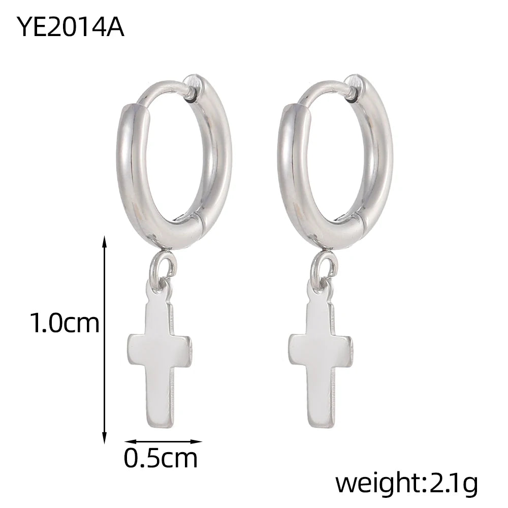 Silver hoop earrings with cross pendants, showing measurements and weight on a white background.