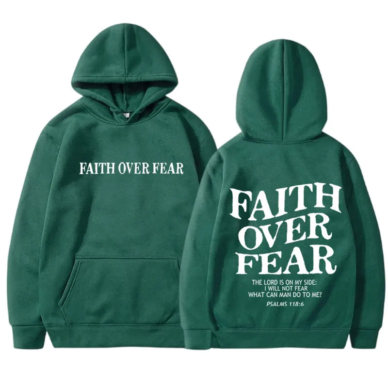 Gray hoodie with 'Faith Over Fear' text on front and back