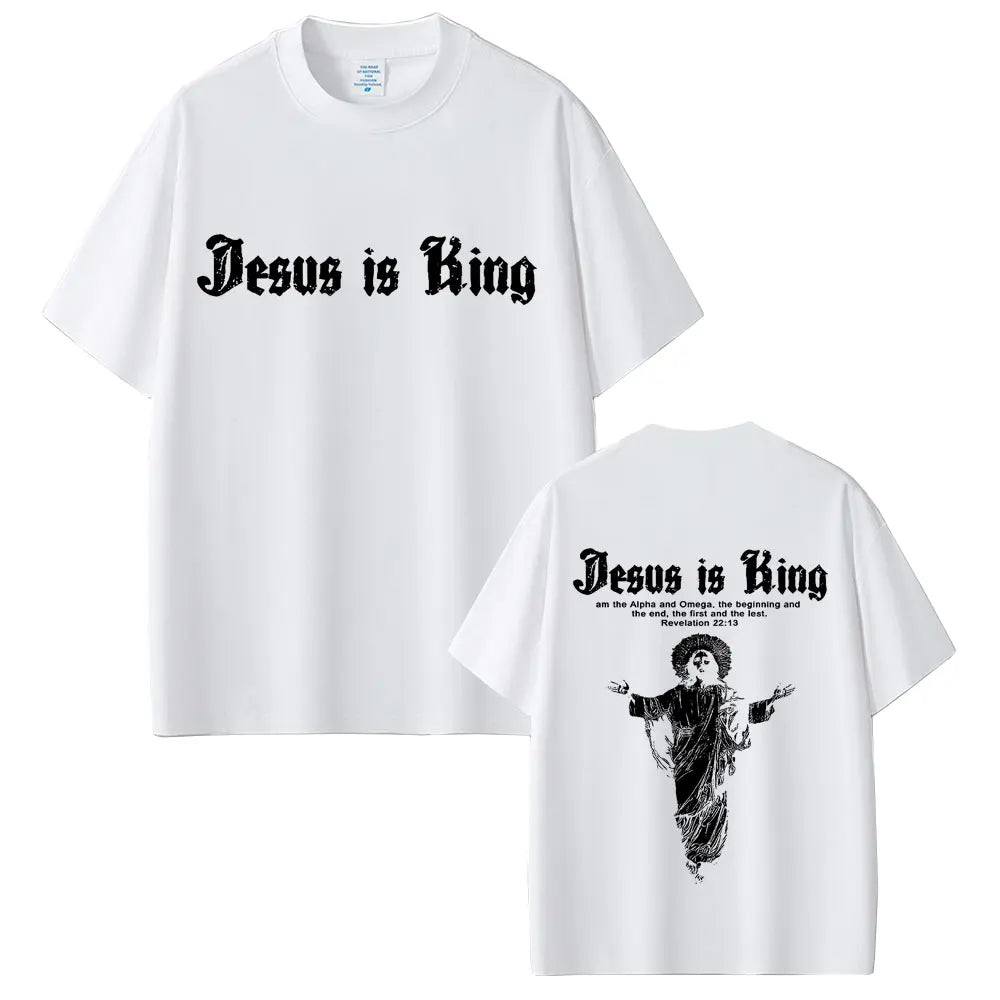 White t-shirt with 'Jesus is King' text on front and back, featuring a graphic of a woman.