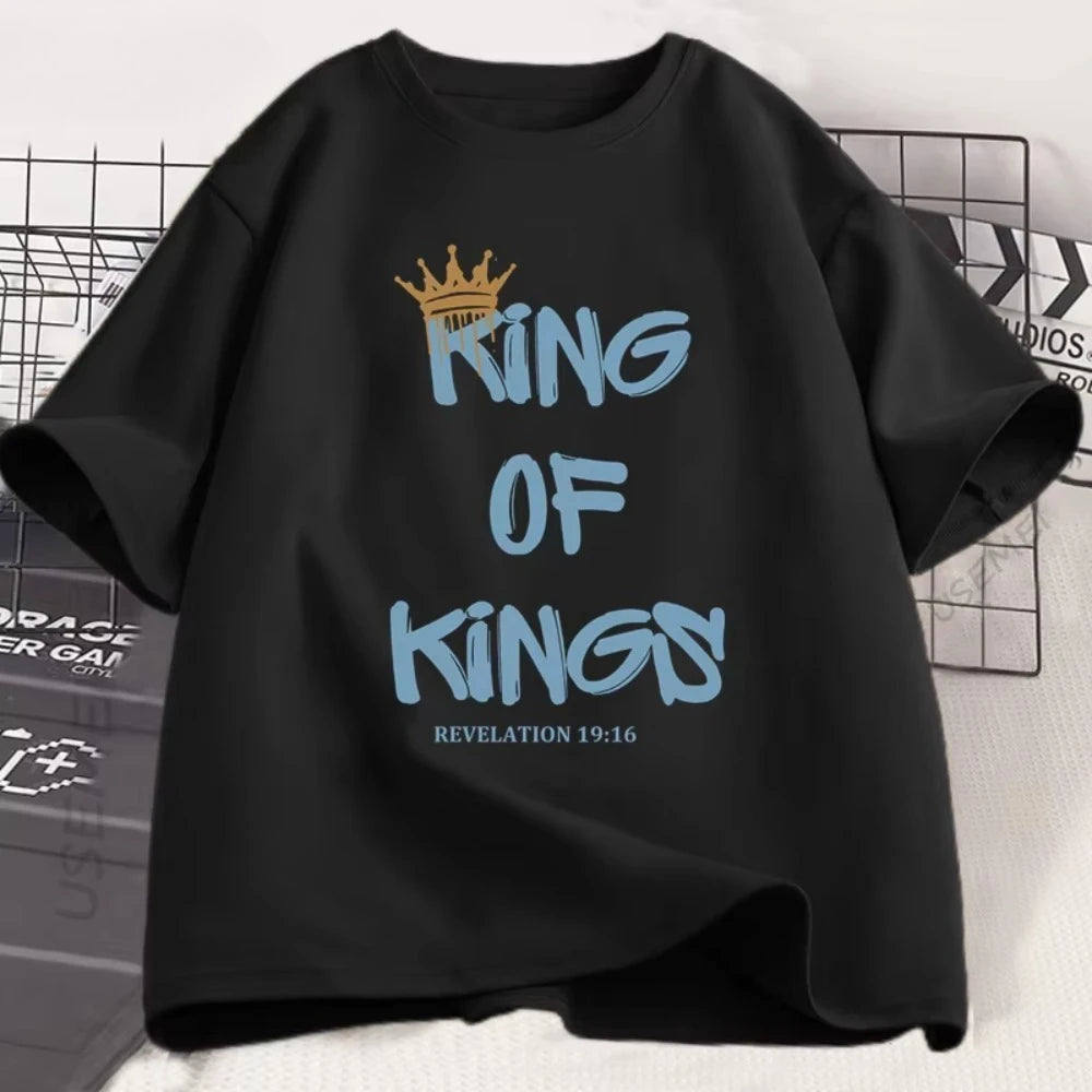 Black t-shirt with 'King of Kings' text and crown graphic on a white background