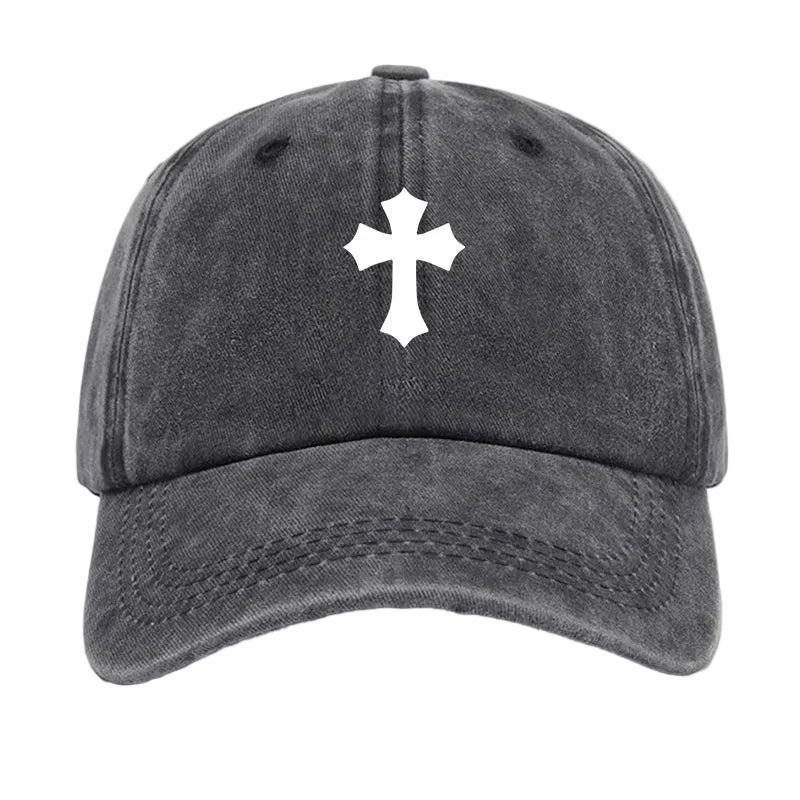 Gray cap with a white cross emblem on a light gray background