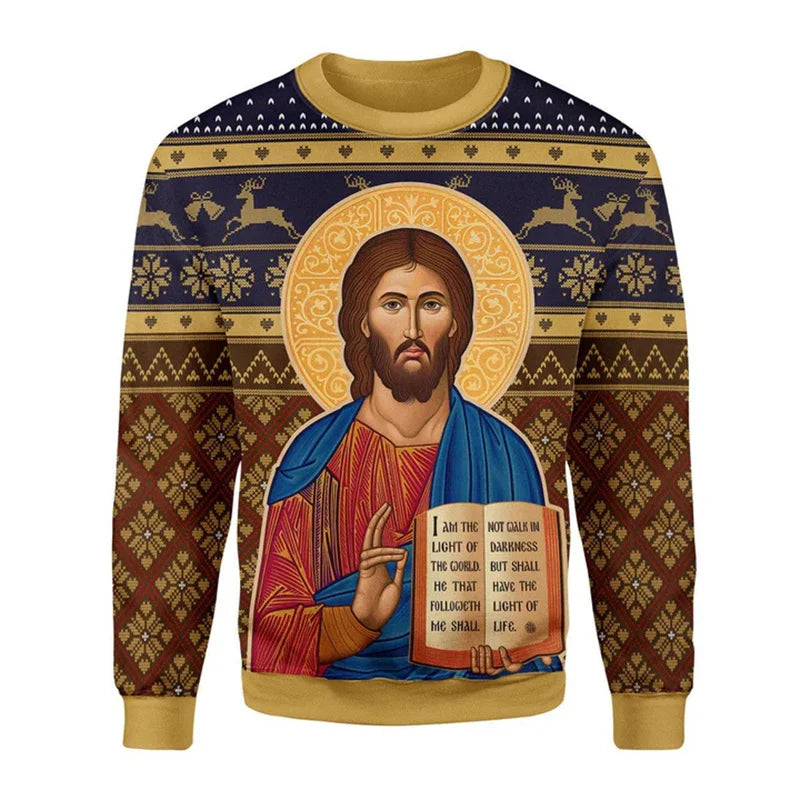 Sweater with religious icon and text design on a patterned background