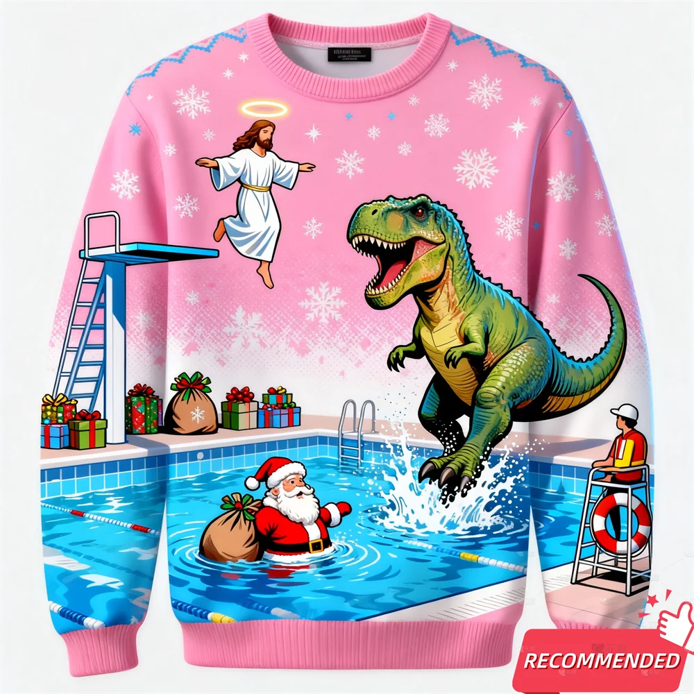 Pink sweater with a dinosaur, Santa Claus, and pool scene design.