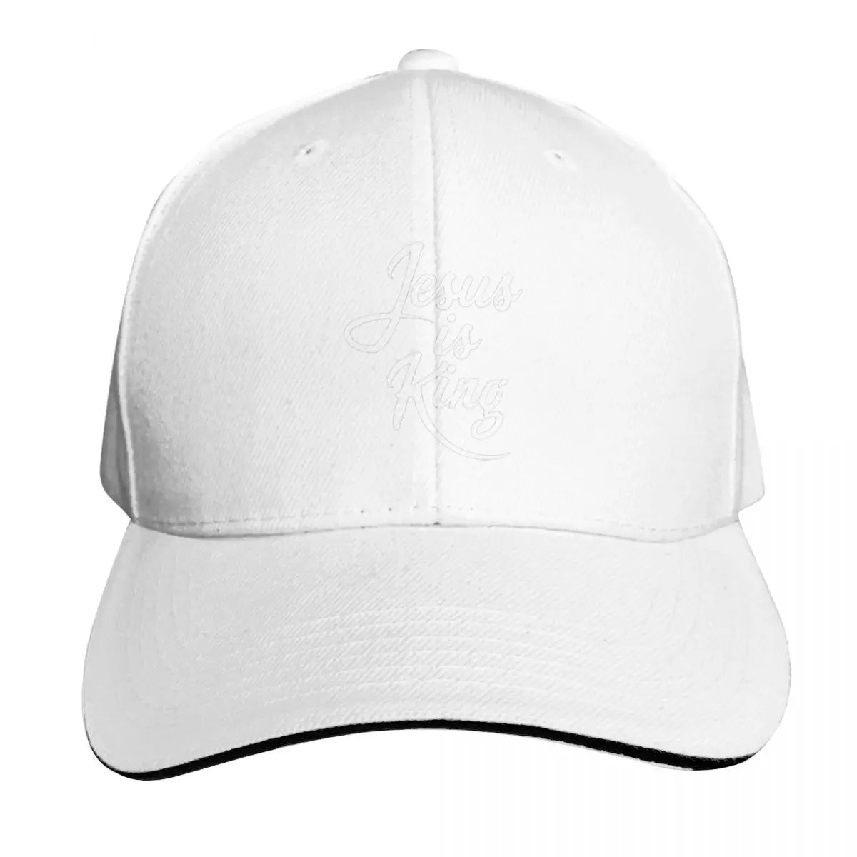 White cap with 'Jesus is King' text on a white background