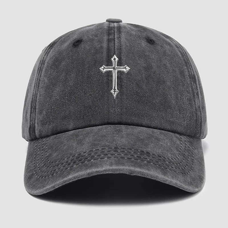 Gray cap with a silver cross emblem on a light gray background