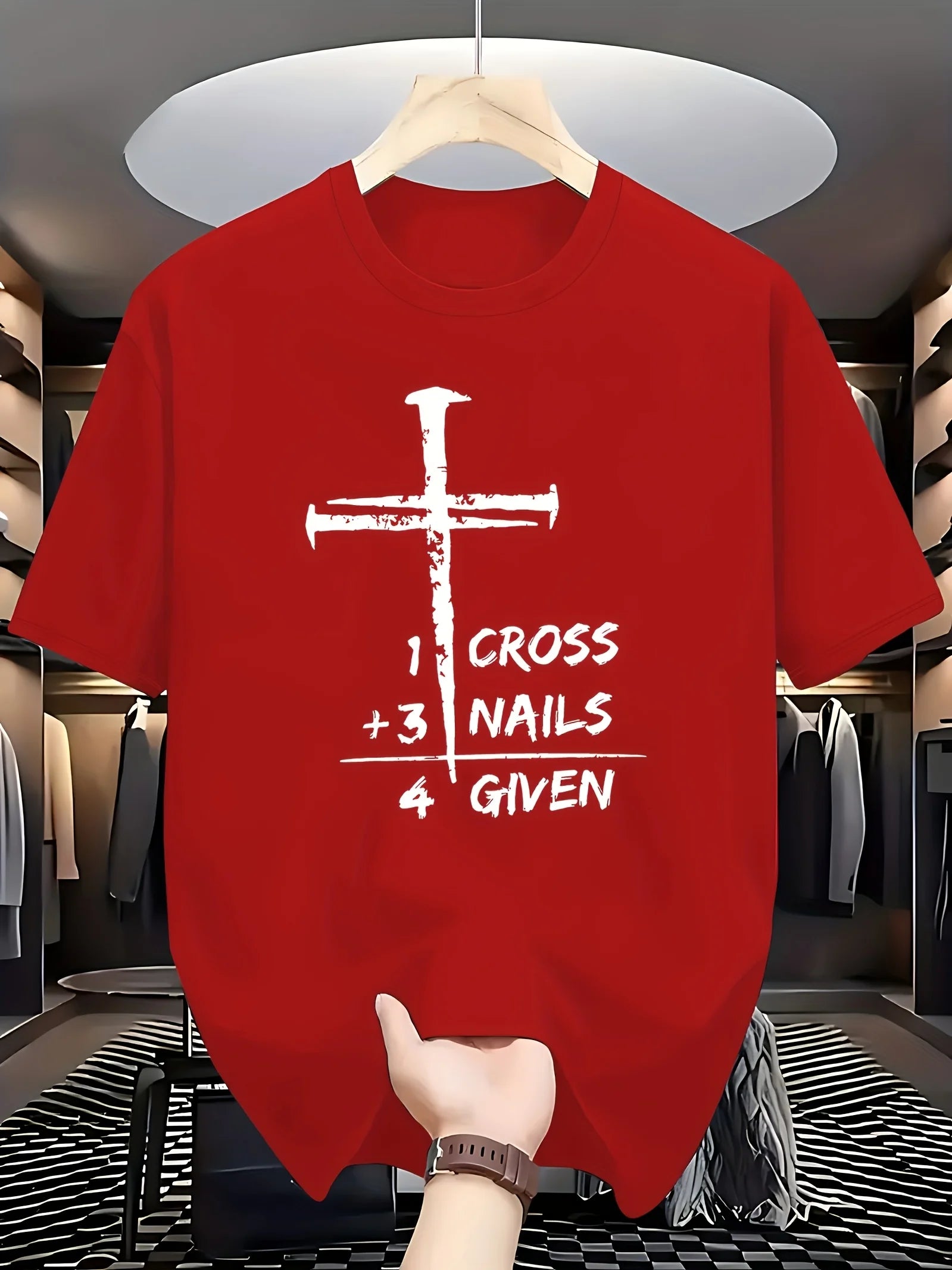 Red shirt with religious symbols  