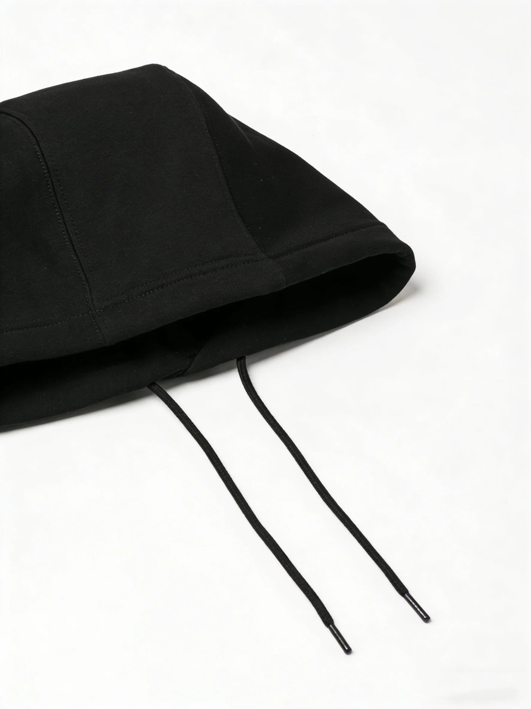 Black hoodie with drawstrings on a white background
