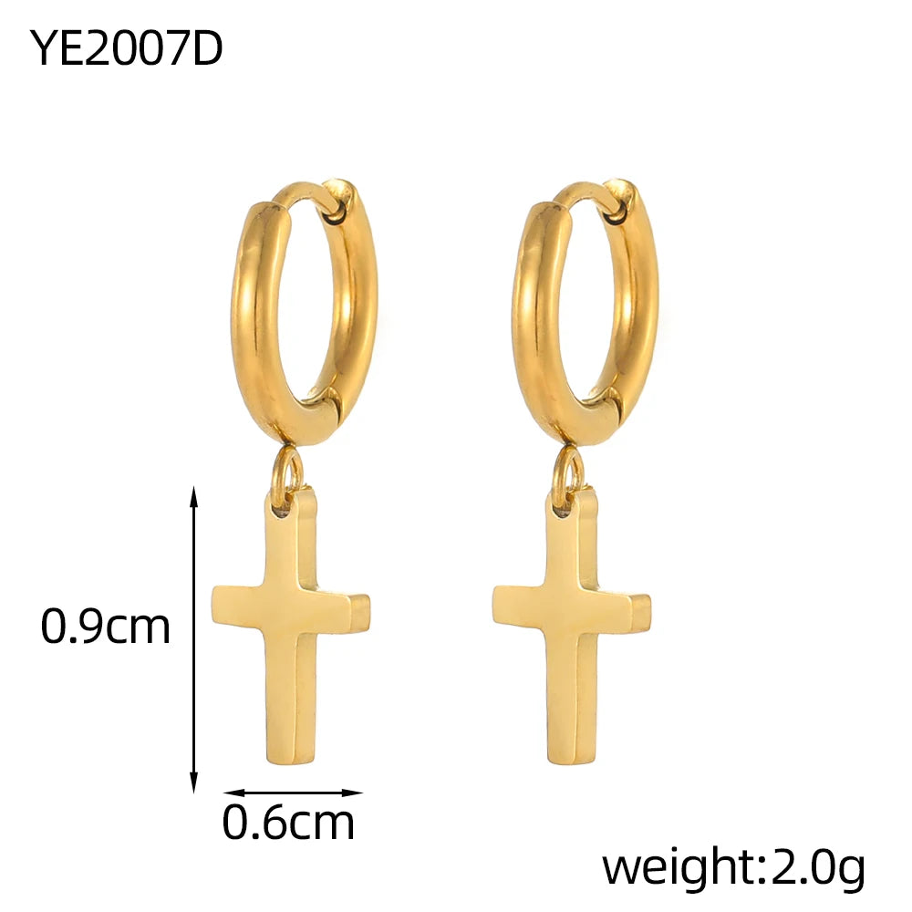 Gold hoop earrings with cross pendants on a white background, showing measurements and weight.