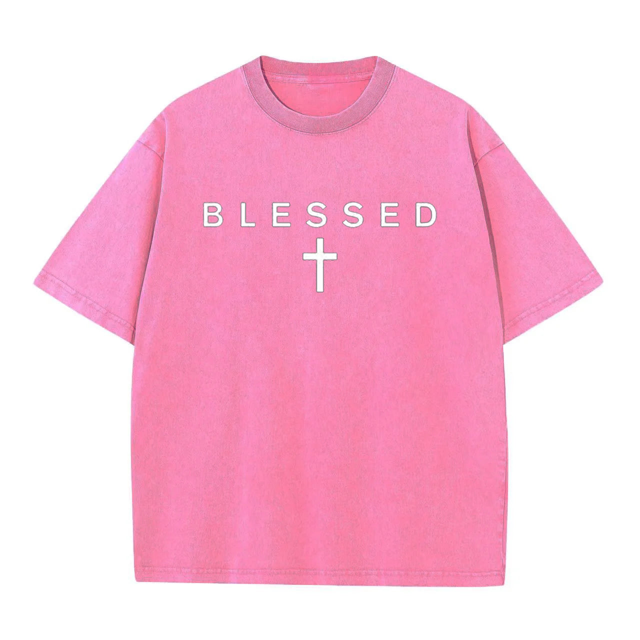 Pink t-shirt with 'BLESSED' text and cross on a white background