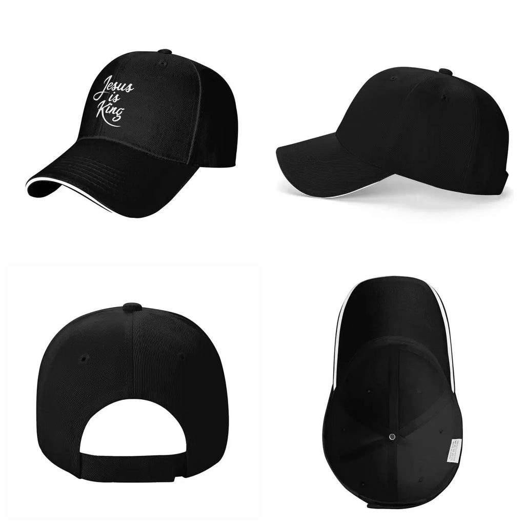 Black baseball cap with 'Jesus is King' text on a white background