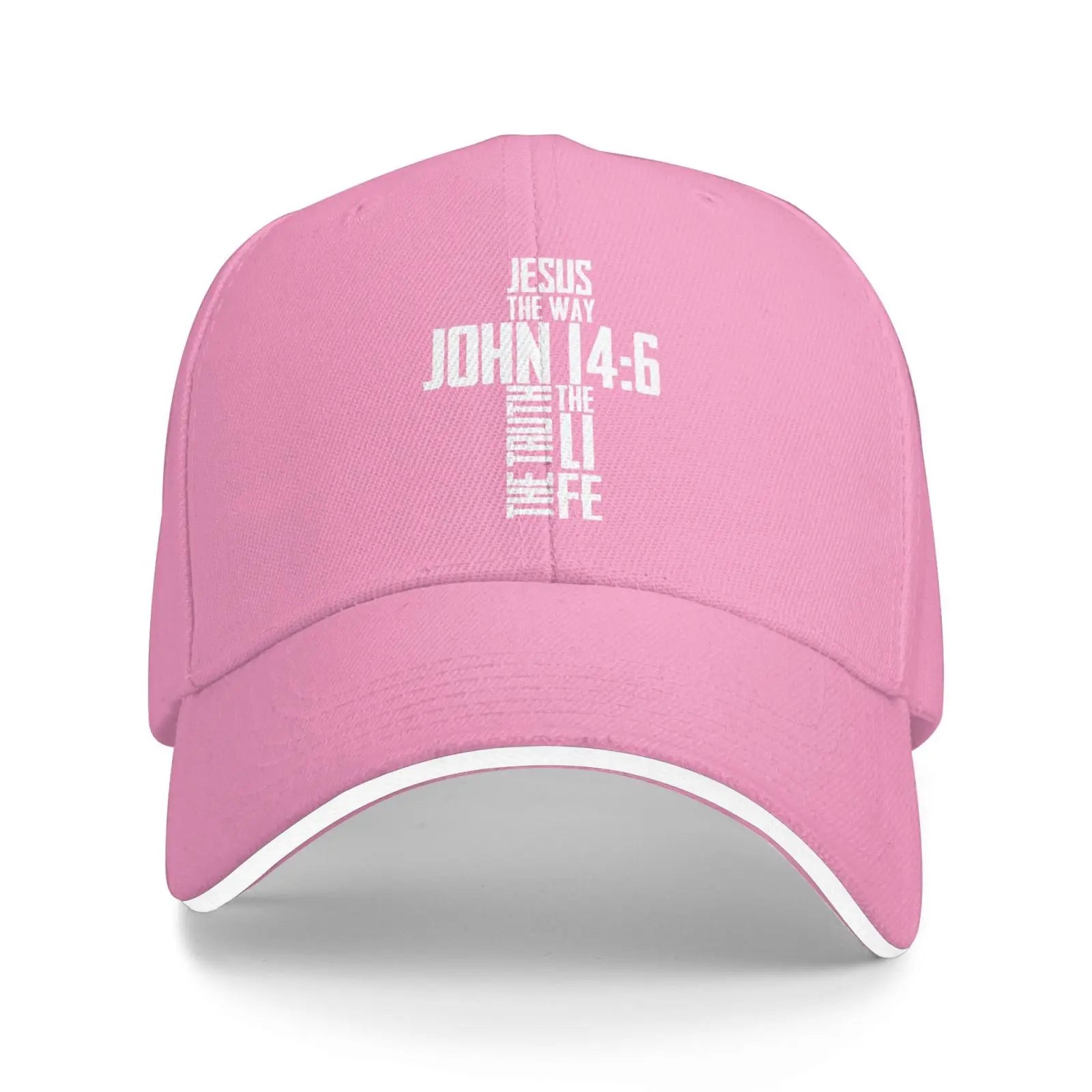 Pink cap with white John 14:6 Verse cross text on a white background